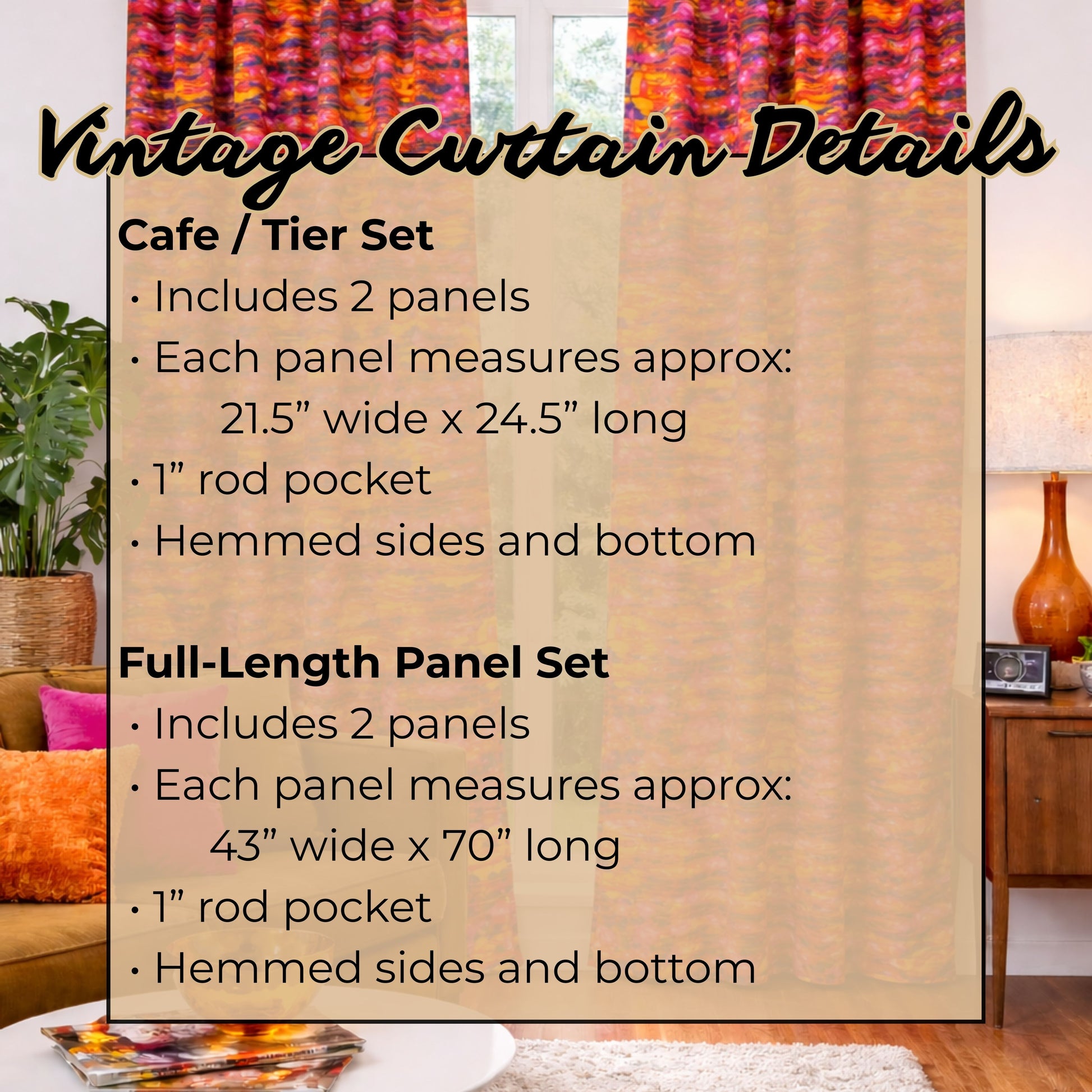 Measurement and detail graphic for vintage cafe length and full-length psychedelic curtain panels.
