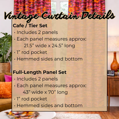 Measurement and detail graphic for vintage cafe length and full-length psychedelic curtain panels.