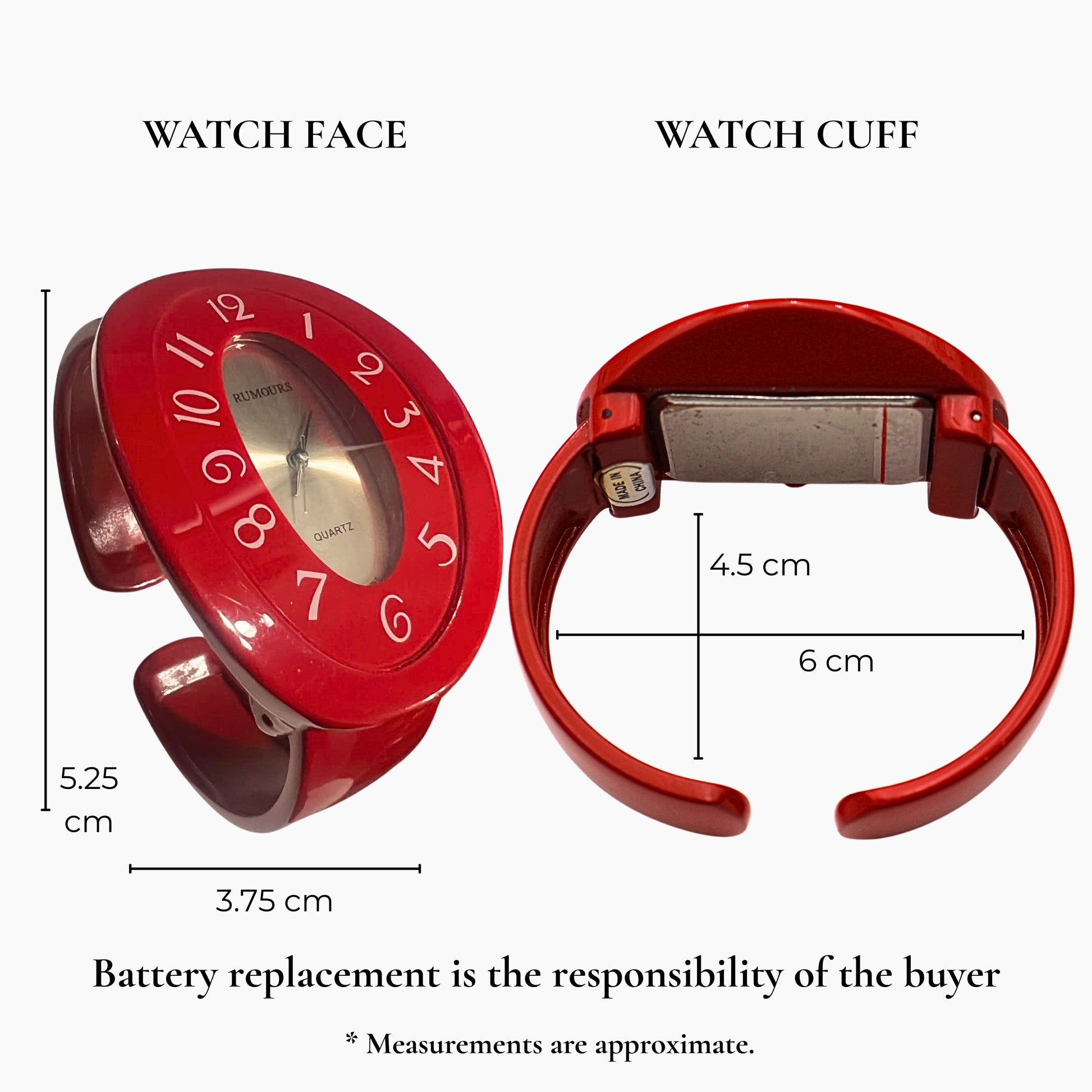 Vintage red cuff watch measurement guide showing face size and bracelet dimensions, Rumours 29978 chunky bracelet watch sizing details for wrist fit reference