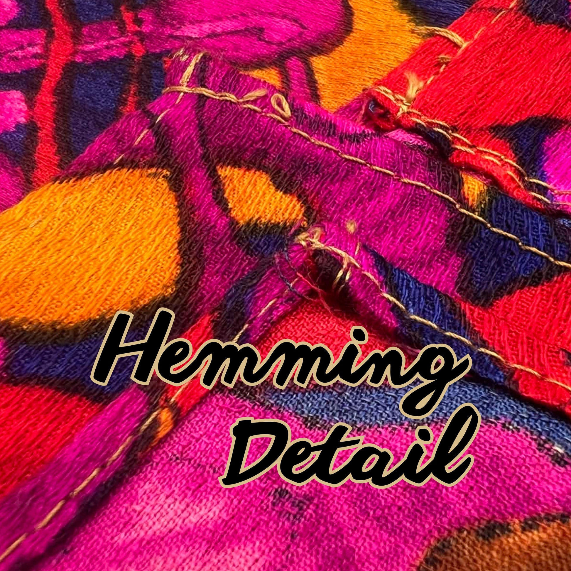 Close-up of stitching and hemming detail on vintage 1970s curtain panel.