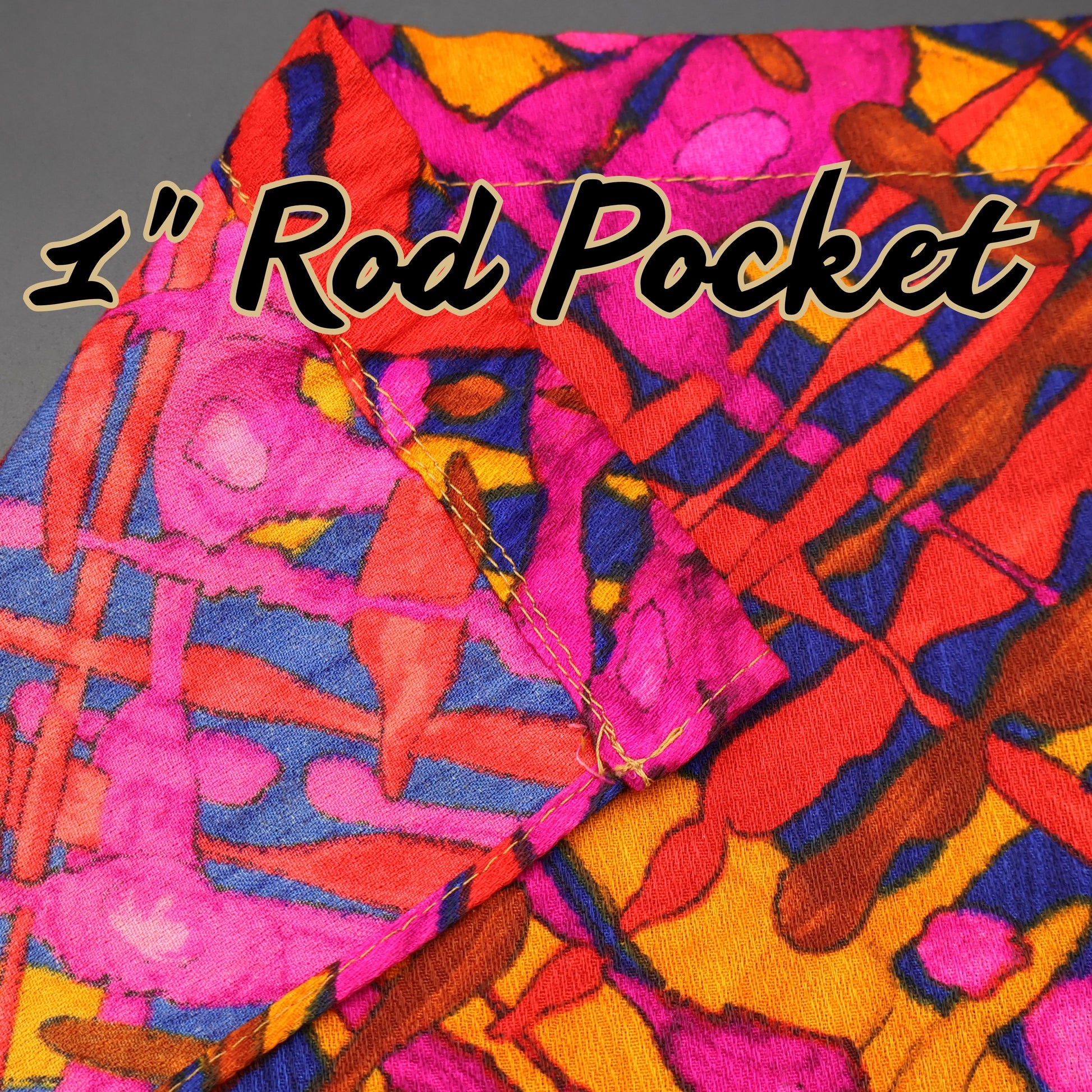 Close-up of rod pocket construction on 1970s retro curtain panel showing gathered top seam.