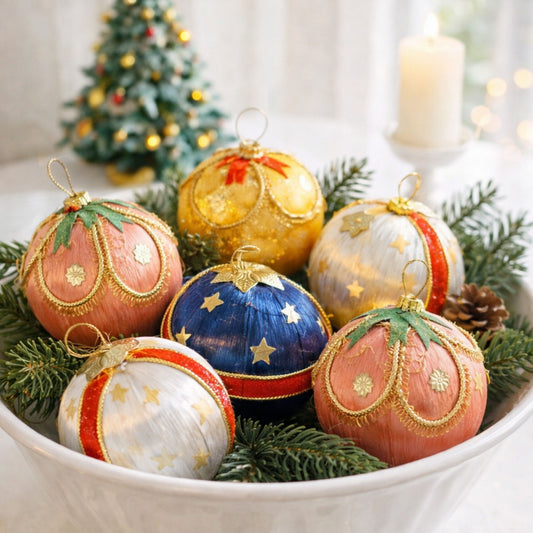 Vintage satin Christmas ornament set styled in a white bowl with evergreen greenery in a bright holiday setting, featuring retro ornaments in pink, gold, blue, and ivory with gold trim for cozy Christmas home decor.