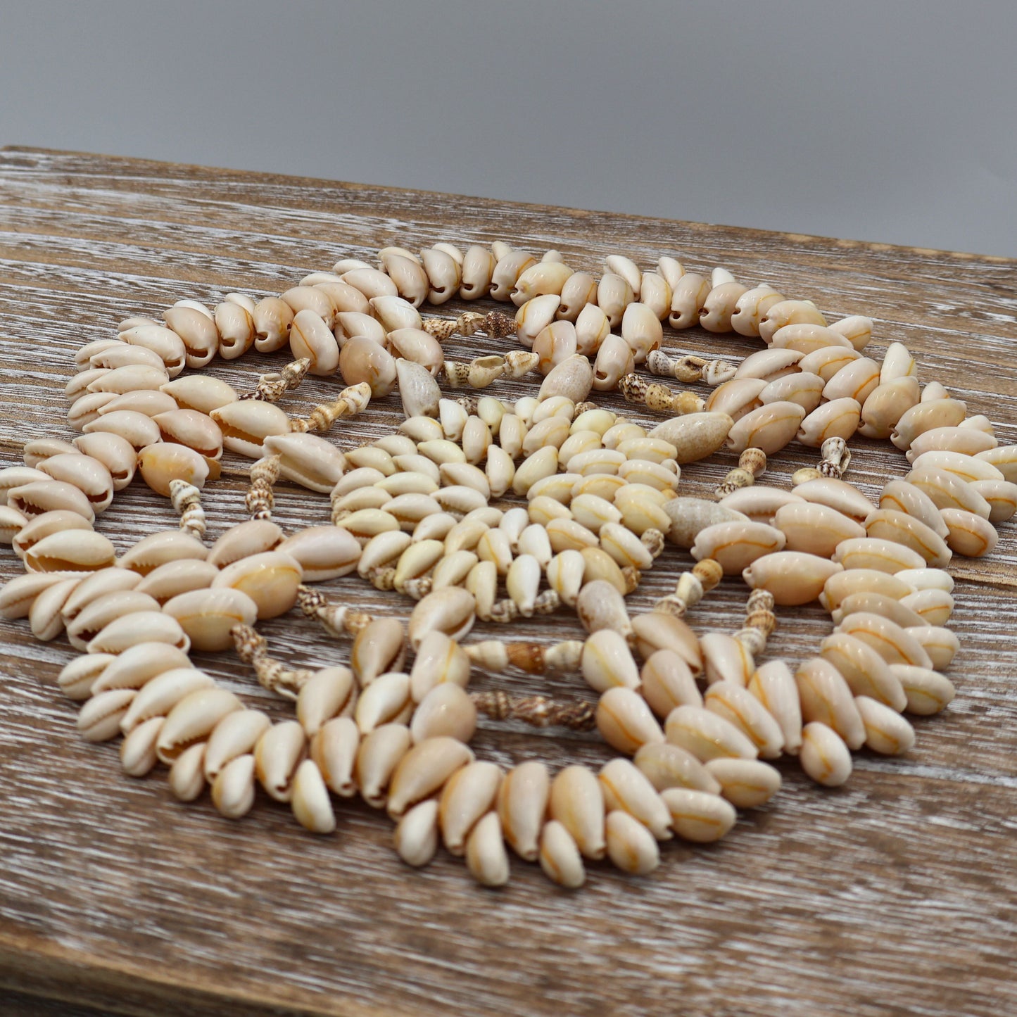 Vintage 9 inch seashell trivet made from cowrie and puka shells in starburst design on wood table