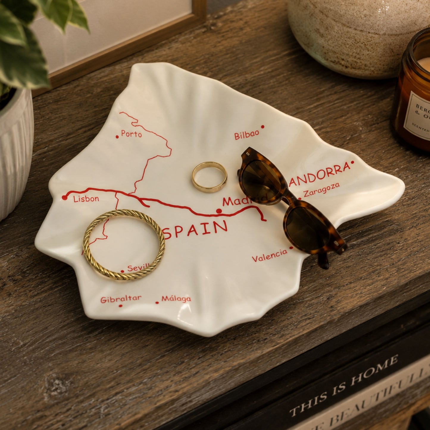 Vintage Spain map ceramic jewelry catchall tray styled with bracelets rings and keys, glossy white Spain shaped valet dish, Mediterranean travel decor, European souvenir ceramic tray for vanity or entryway organization