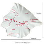 Vintage Spain map ceramic tray measurements approximately 10 x 12 inches, glossy white Spain shaped serving platter, Mediterranean tapas dish, European travel decor catchall tray, collectible ceramic souvenir serving piece