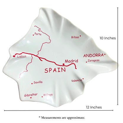 Vintage Spain map ceramic tray measurements approximately 10 x 12 inches, glossy white Spain shaped serving platter, Mediterranean tapas dish, European travel decor catchall tray, collectible ceramic souvenir serving piece