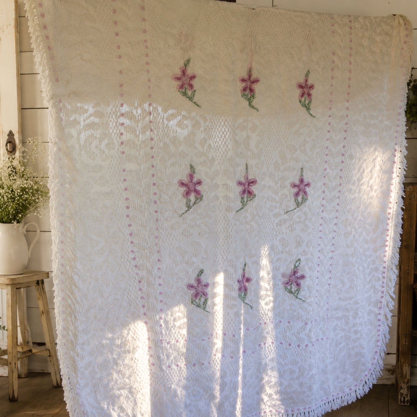 Vintage white chenille bedspread with lavender floral hand-tufted design displayed in a cottage-inspired room. This heirloom textile features decorative fringe and raised chenille texture, making it a beautiful choice for farmhouse decor, shabby chic bedrooms, romantic bedding, and vintage home decorating.