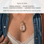 Peach druzy quartz geode necklace styled with denim jacket and lace top, showcasing boho western outfit pairing with gold wire wrapped crystal pendant, statement jewelry for layered looks with boots, leather accents, and neutral wardrobe styling