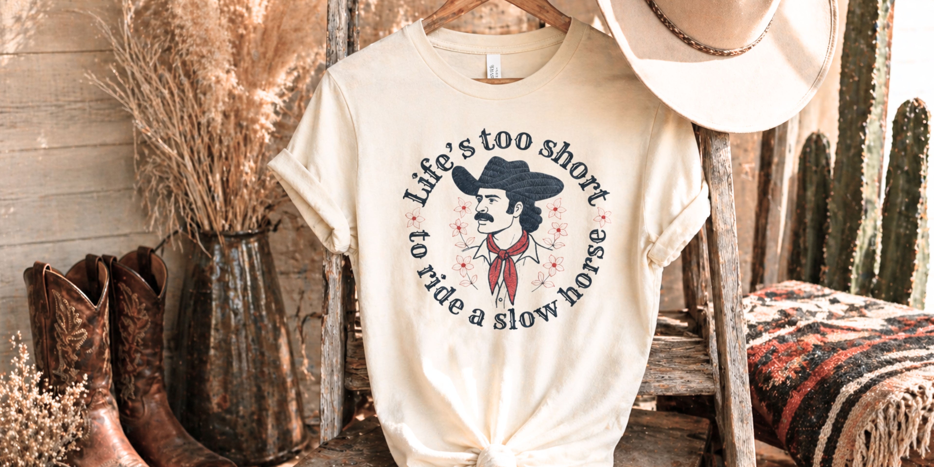 Western graphic tee with cowboy design styled on rustic chair with cactus, cowboy boots, and dried florals, vintage western clothing aesthetic