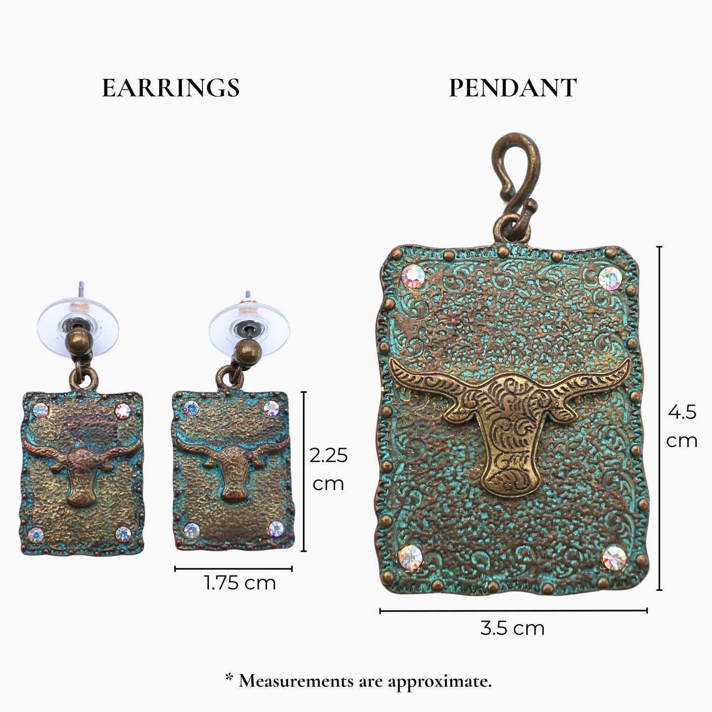 Size chart for Western longhorn jewelry set showing earrings and pendant measurements in centimeters, turquoise patina cowgirl jewelry with detailed dimensions for accurate sizing, rectangular dangle earrings and statement pendant displayed with scale reference, ideal for online shoppers comparing Western jewelry sizes and fit before purchase