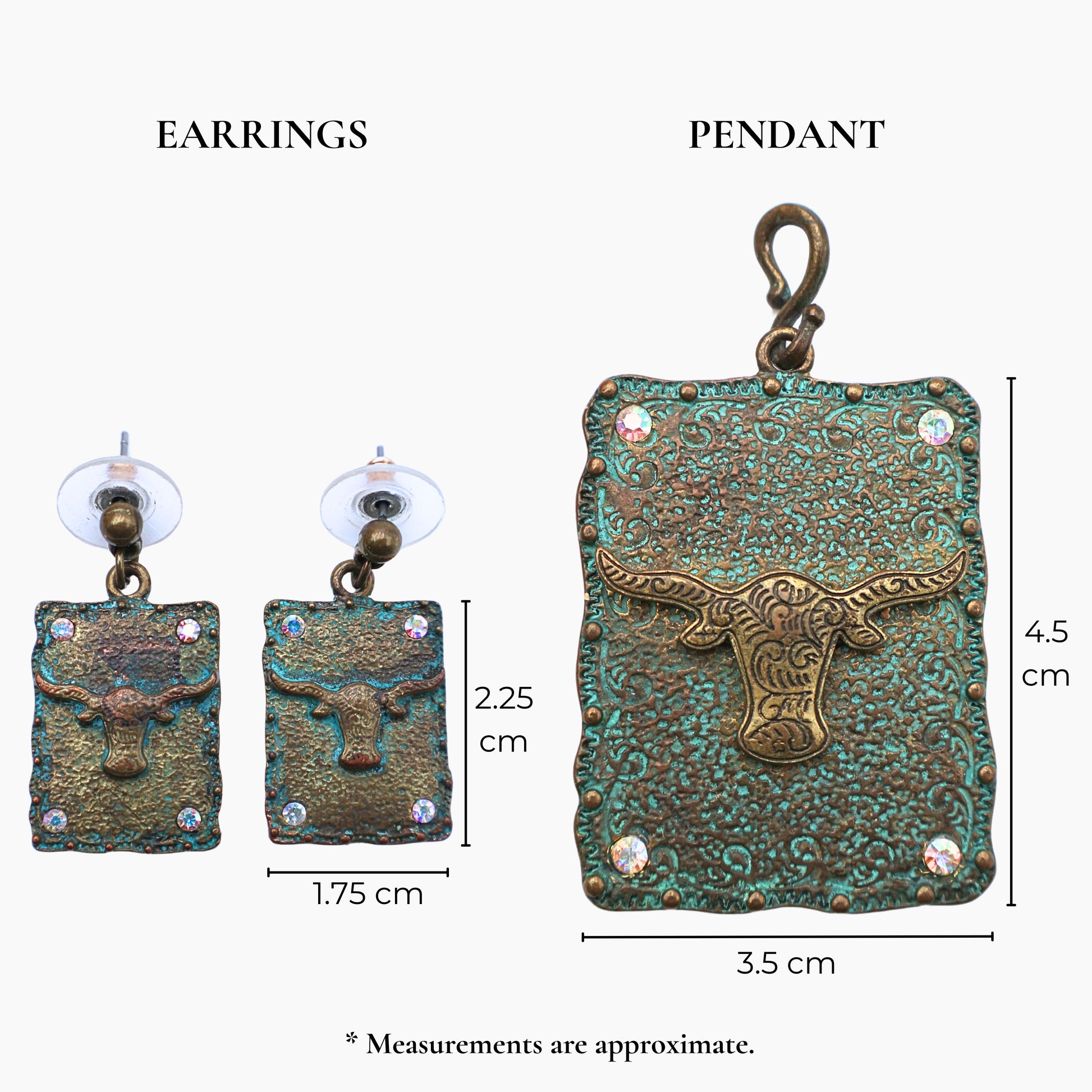 Size chart for Western longhorn jewelry set showing earrings and pendant measurements in centimeters, turquoise patina cowgirl jewelry with detailed dimensions for accurate sizing, rectangular dangle earrings and statement pendant displayed with scale reference, ideal for online shoppers comparing Western jewelry sizes and fit before purchase