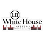 White die-cut sticker featuring the White House Cafeteria logo, black and burgundy dining booths, small cafe tables and the address 117 North 5th Street in Bismarck, North Dakota. The nostalgic restaurant design is centered on a plain white background.