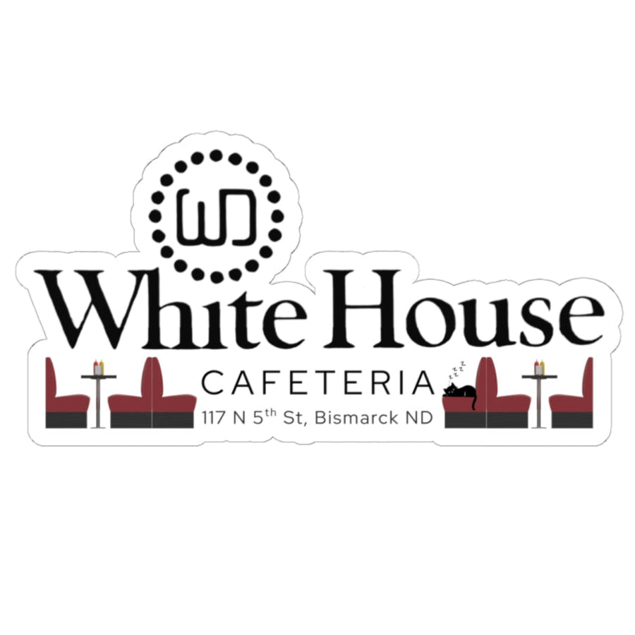 White die-cut sticker featuring the White House Cafeteria logo, black and burgundy dining booths, small cafe tables and the address 117 North 5th Street in Bismarck, North Dakota. The nostalgic restaurant design is centered on a plain white background.
