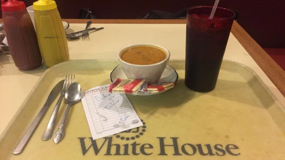 Original White House Cafeteria tray in Bismarck, North Dakota, with a cup of Ken Weber’s borscht soup and a handwritten guest check showing Joan’s order, a personal piece of Weber family restaurant history that later inspired Oliver the Owl.