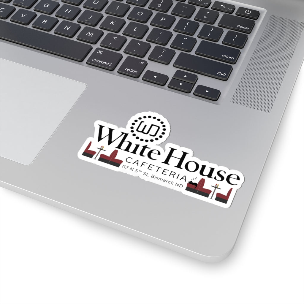 White House Cafeteria logo sticker in the 4 x 4 inch size shown on a silver laptop near the keyboard. The larger white kiss-cut sticker displays the nostalgic black and red restaurant logo clearly against the smooth metallic surface of the computer.