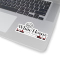 White House Cafeteria logo sticker in the 4 x 4 inch size shown on a silver laptop near the keyboard. The larger white kiss-cut sticker displays the nostalgic black and red restaurant logo clearly against the smooth metallic surface of the computer.