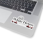 White House Cafeteria logo sticker in the 4 x 4 inch size shown on a silver laptop near the keyboard. The larger white kiss-cut sticker displays the nostalgic black and red restaurant logo clearly against the smooth metallic surface of the computer.
