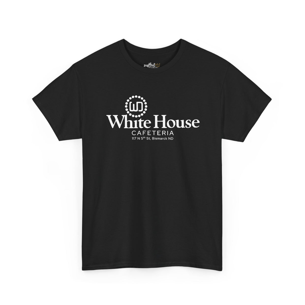 Black White House Cafeteria short-sleeve T-shirt shown from the front with the cafe's white logo centered on the chest. The classic graphic shirt honors the Bismarck restaurant and the family history behind Oliver the Owl: The Culinary Pro.
