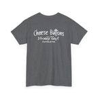 Back of the graphite heather White House Cafeteria T-shirt featuring a white Cheese Buttons graphic. The charcoal gray restaurant shirt celebrates a remembered Friday tradition from the longtime Bismarck, North Dakota cafe.