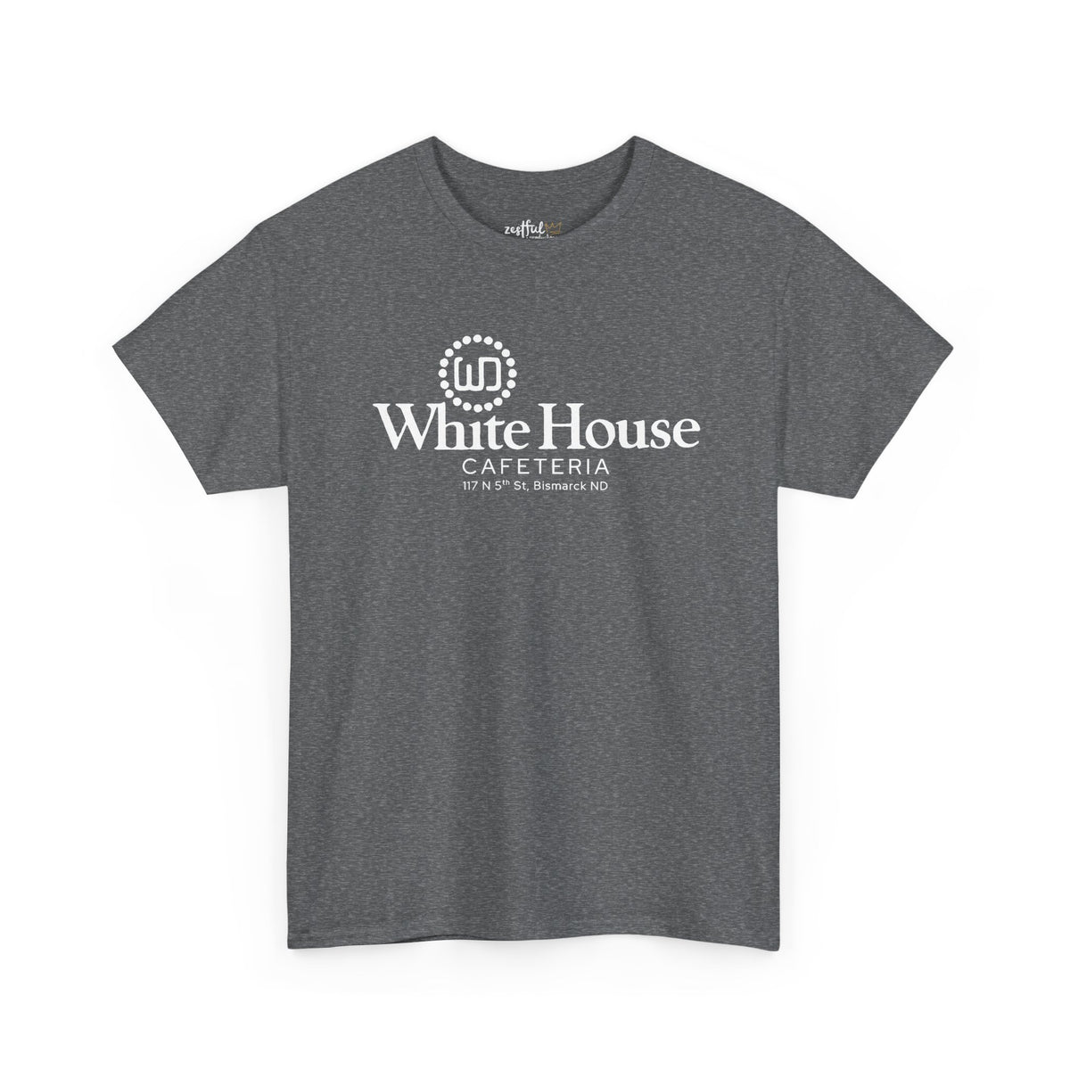 Graphite heather White House Cafeteria short-sleeve T-shirt shown from the front with the historic cafe logo in white. The casual charcoal gray shirt commemorates the Bismarck restaurant and its place in local family history.