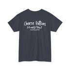 Back of the heather navy White House Cafeteria T-shirt featuring the playful Cheese Buttons graphic in white. The dark blue shirt remembers the cafe's popular Friday tradition and decades of shared meals in Bismarck, North Dakota.