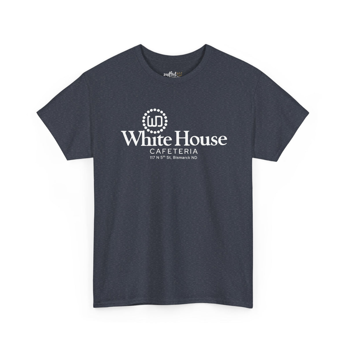 Heather navy White House Cafeteria short-sleeve T-shirt shown from the front with the restaurant's white logo centered on the chest. This commemorative Bismarck shirt connects the real family cafe with the story behind Oliver the Owl.