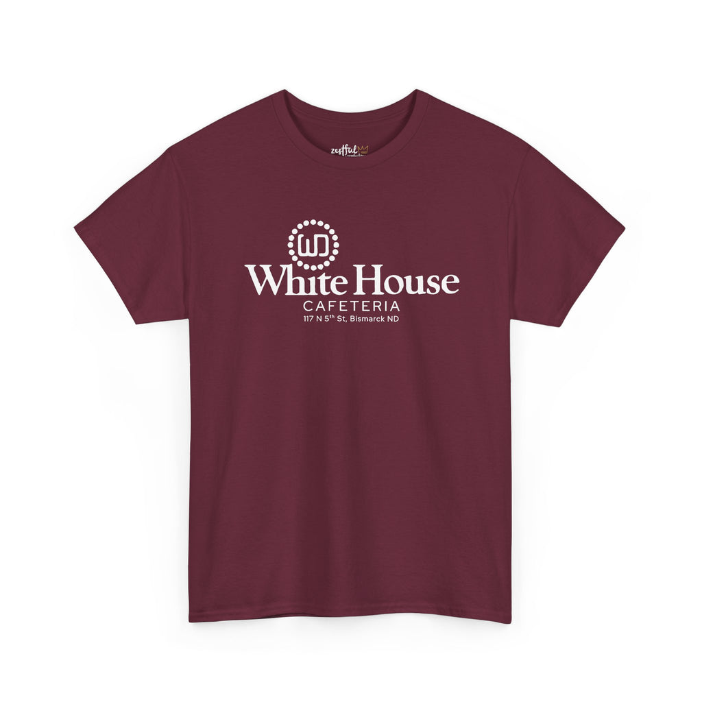 Maroon White House Cafeteria short-sleeve T-shirt shown from the front with the original white restaurant logo centered on the chest. This commemorative Bismarck, North Dakota shirt celebrates the family cafe that helped inspire Oliver the Owl: The Culinary Pro.