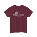 Maroon White House Cafeteria short-sleeve T-shirt shown from the front with the original white restaurant logo centered on the chest. This commemorative Bismarck, North Dakota shirt celebrates the family cafe that helped inspire Oliver the Owl: The Culinary Pro.