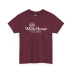 Maroon White House Cafeteria short-sleeve T-shirt shown from the front with the original white restaurant logo centered on the chest. This commemorative Bismarck, North Dakota shirt celebrates the family cafe that helped inspire Oliver the Owl: The Culinary Pro.