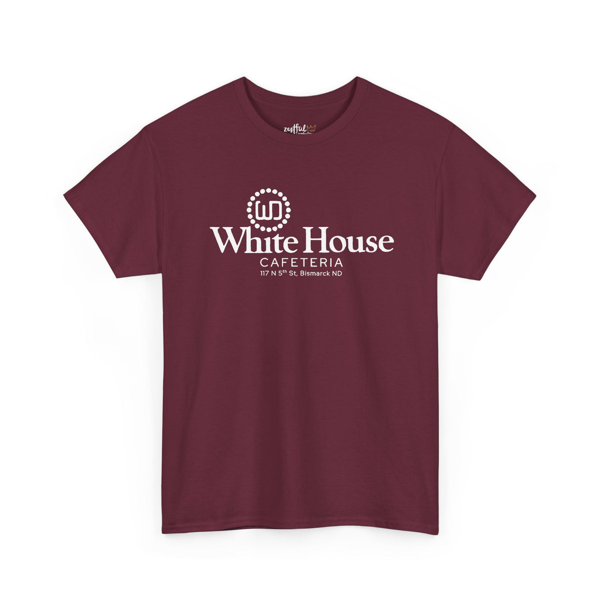 Maroon White House Cafeteria short-sleeve T-shirt shown from the front with the original white restaurant logo centered on the chest. This commemorative Bismarck, North Dakota shirt celebrates the family cafe that helped inspire Oliver the Owl: The Culinary Pro.