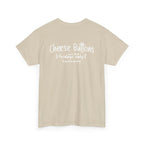 Back of the sand White House Cafeteria T-shirt with a white Cheese Buttons graphic recalling the restaurant's Friday menu tradition. The warm neutral shirt celebrates favorite meals and memories from the Bismarck cafe.