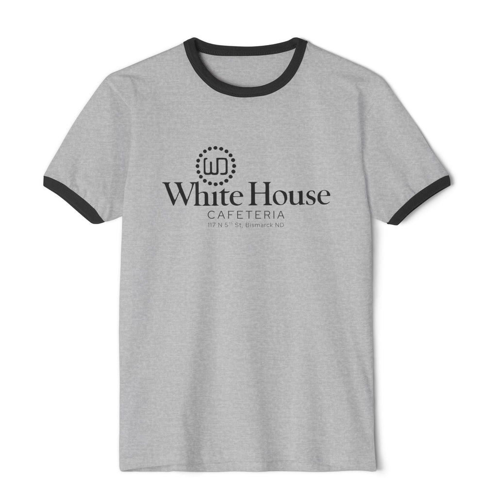 Heather grey White House Cafeteria ringer T-shirt with contrasting black bands around the crew neckline and short sleeves. The Bismarck restaurant logo is printed across the front in black, while the soft gray body gives the heritage shirt a casual vintage look.