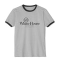 Heather grey White House Cafeteria ringer T-shirt with contrasting black bands around the crew neckline and short sleeves. The Bismarck restaurant logo is printed across the front in black, while the soft gray body gives the heritage shirt a casual vintage look.