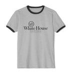 Heather grey White House Cafeteria ringer T-shirt with contrasting black bands around the crew neckline and short sleeves. The Bismarck restaurant logo is printed across the front in black, while the soft gray body gives the heritage shirt a casual vintage look.