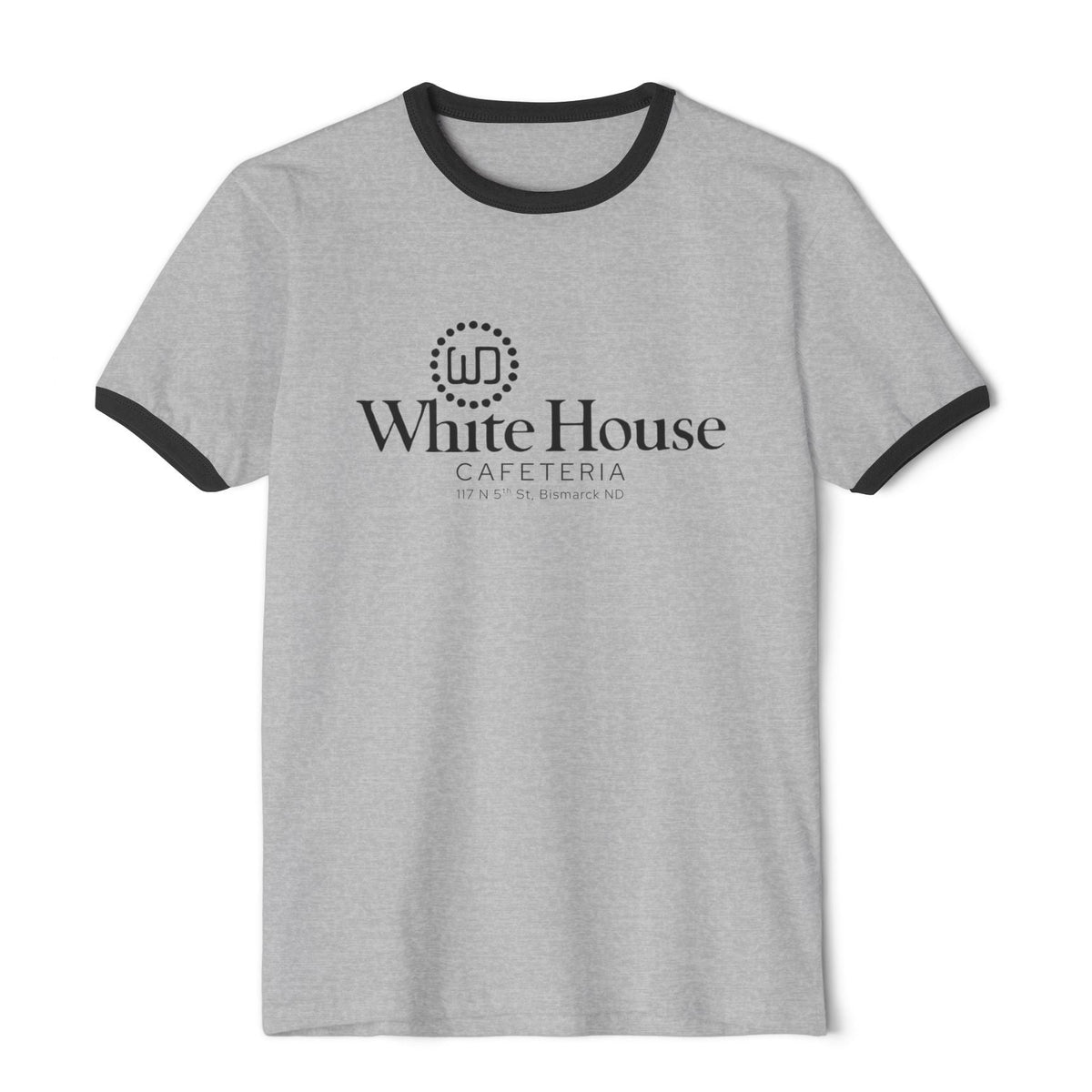 Heather grey White House Cafeteria ringer T-shirt with contrasting black bands around the crew neckline and short sleeves. The Bismarck restaurant logo is printed across the front in black, while the soft gray body gives the heritage shirt a casual vintage look.