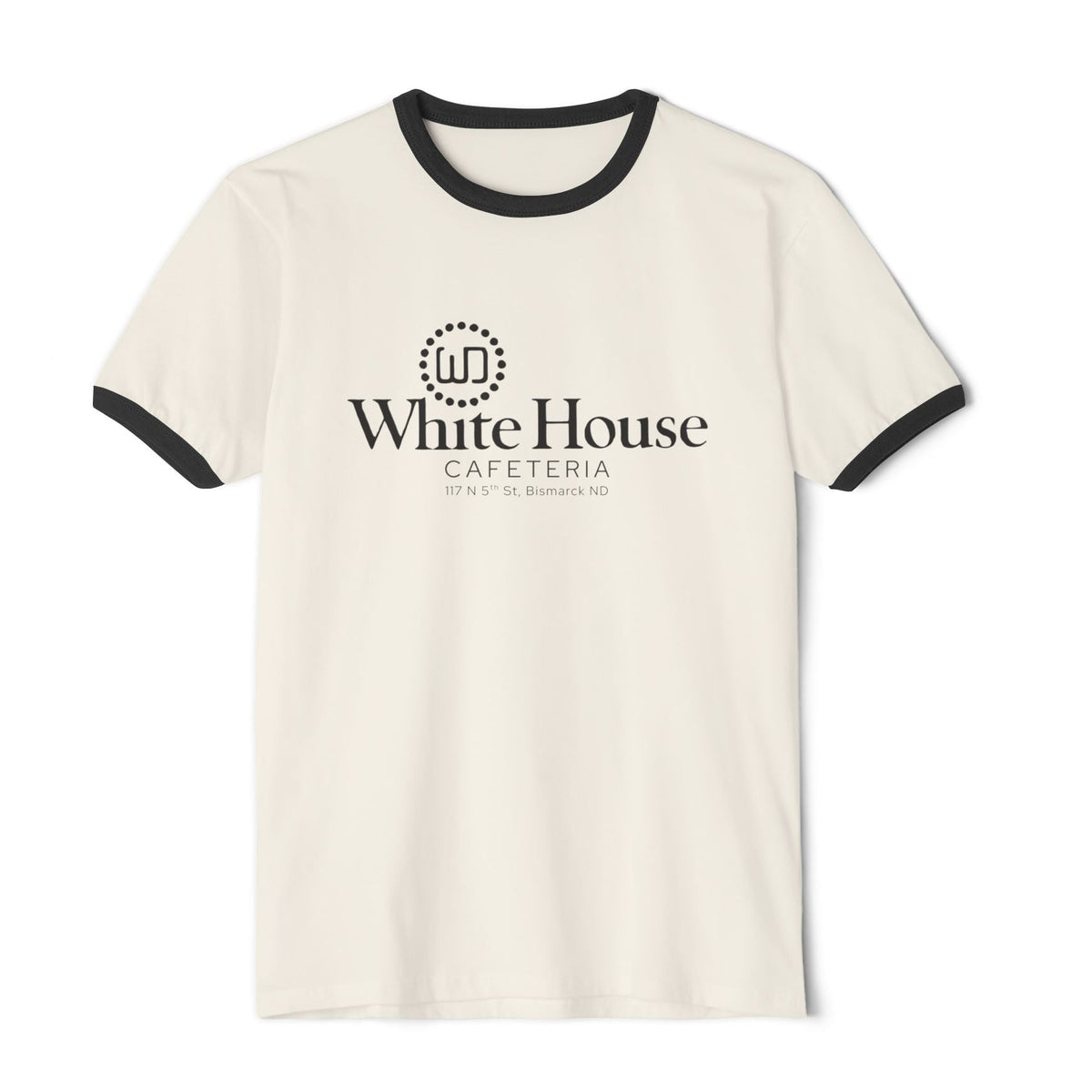 Natural cream White House Cafeteria ringer T-shirt shown from the front with black trim around the crew neckline and sleeve openings. The historic Bismarck cafe logo is centered on the chest, creating a warm vintage restaurant style with neutral contrast.