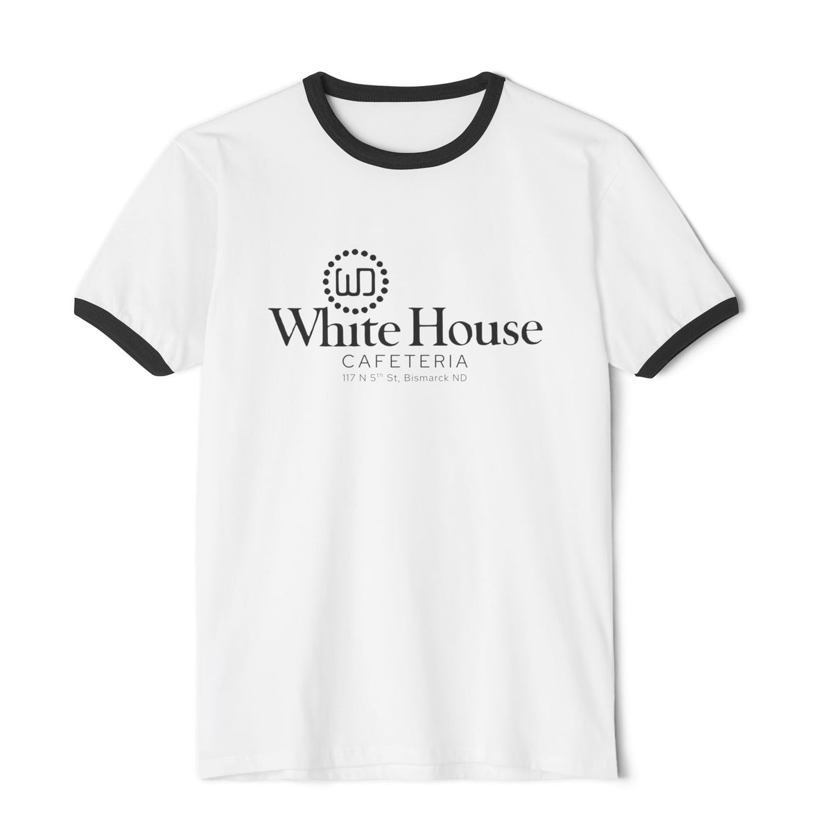White White House Cafeteria ringer T-shirt displayed from the front with bold black bands at the neckline and short sleeves. The original Bismarck restaurant logo appears across the chest in black, giving the clean cotton tee a classic retro cafe appearance.