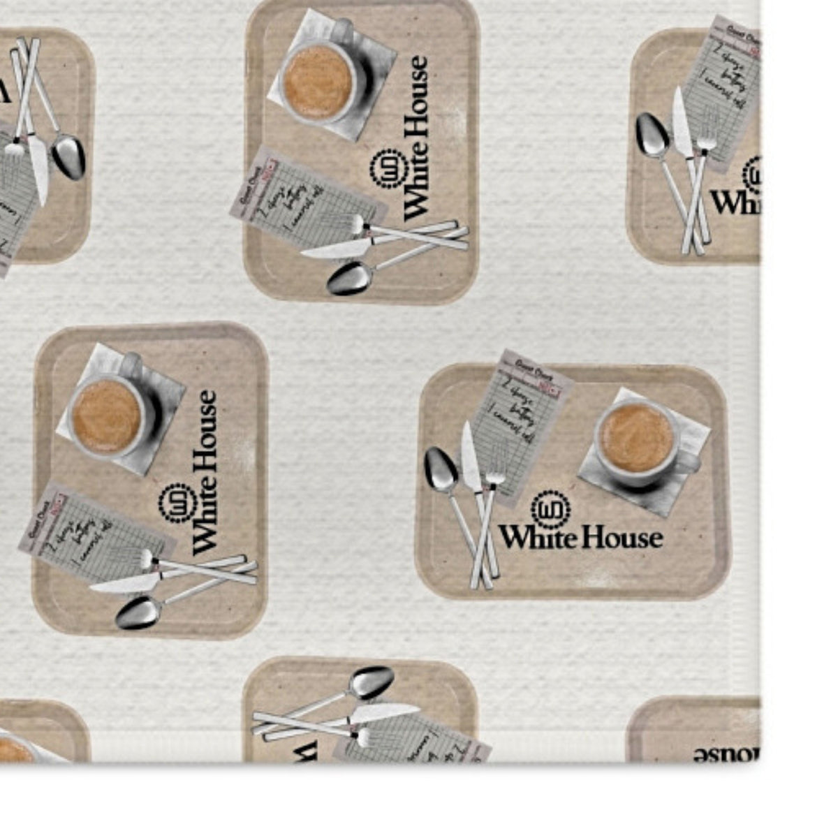 Close-up of the White House Cafeteria kitchen tea towel showing its soft woven texture and repeating light oatmeal tray pattern. Each tray features coffee, silverware, a handwritten Cheese Buttons and caramel roll guest check, and the White House logo.