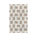Full front view of the White House Cafeteria kitchen towel showing a tossed all-over pattern on a light oatmeal background. Each vintage tray includes coffee, silverware, a handwritten Cheese Buttons and caramel roll order, and the White House Cafeteria logo.