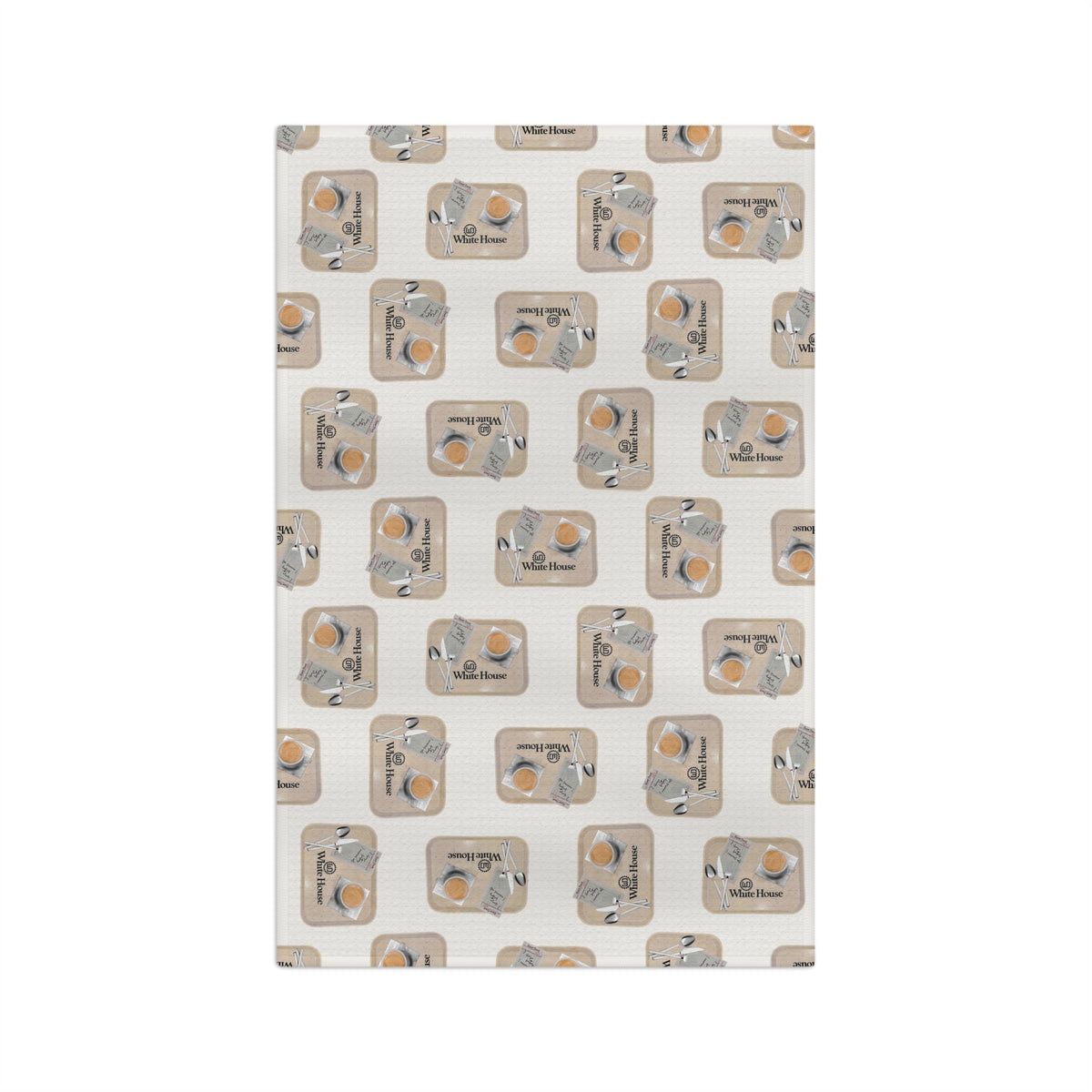 Full front view of the White House Cafeteria kitchen towel showing a tossed all-over pattern on a light oatmeal background. Each vintage tray includes coffee, silverware, a handwritten Cheese Buttons and caramel roll order, and the White House Cafeteria logo.
