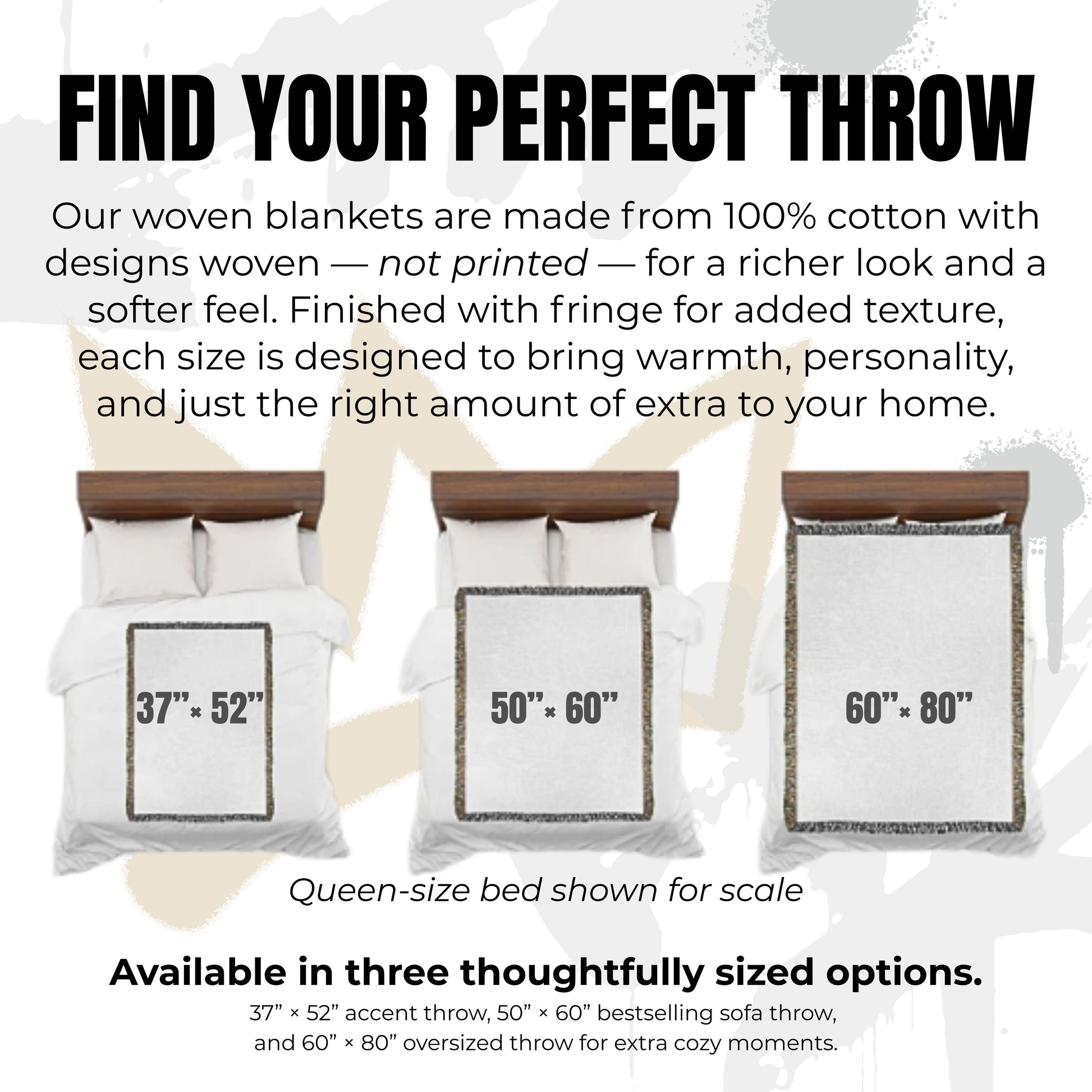 Woven throw blanket size guide showing three available dimensions