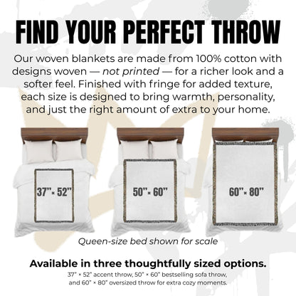 Woven throw blanket size guide showing three available dimensions