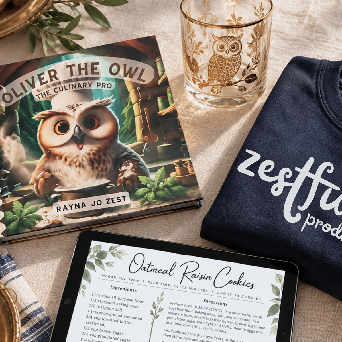 Gift ideas available from Zestful Productions, including Oliver the Owl: The Culinary Pro, a gold owl glass, navy logo sweatshirt and botanical oatmeal raisin cookie recipe card displayed on a tablet. The arrangement represents books, vintage finds, apparel and digital designs.