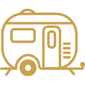 Adventure Inspired icon featuring a vintage Scamp trailer representing road trips, travel, exploration, hidden gems, coffee shop adventures, and the journey behind Zestful Productions.