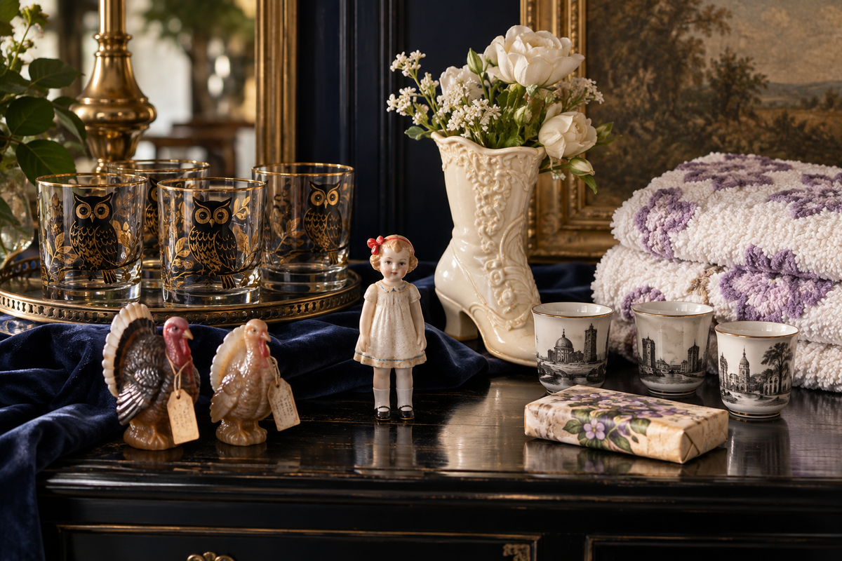 Available vintage treasures displayed on a dark wood sideboard, including gold owl glasses, a miniature bisque doll, a ceramic boot planter and a white chenille textile with lavender tufting.