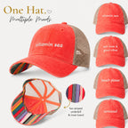 Coral trucker hat collection with colorful striped underbrim featuring vitamin sea, sunkissed, beach please, and tan lines & good vibes embroidery designs
