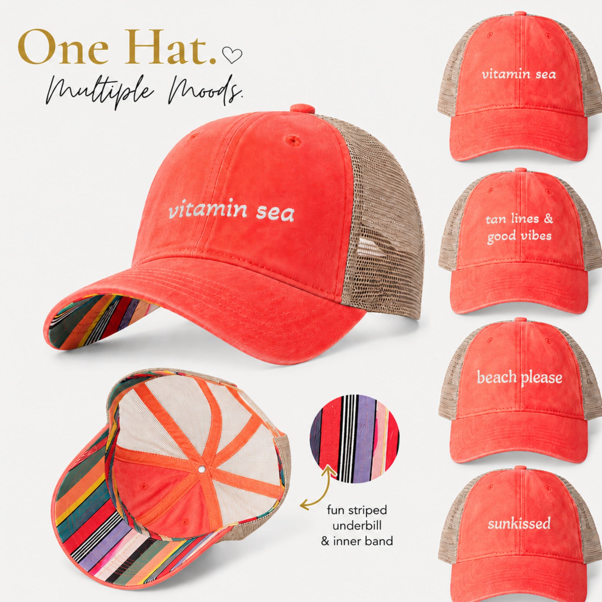 Coral trucker hat collection with colorful striped underbrim featuring vitamin sea, sunkissed, beach please, and tan lines & good vibes embroidery designs