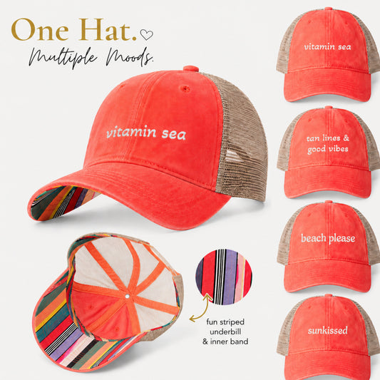 Coral trucker hat collection with colorful striped underbrim featuring vitamin sea, sunkissed, beach please, and tan lines & good vibes embroidery designs