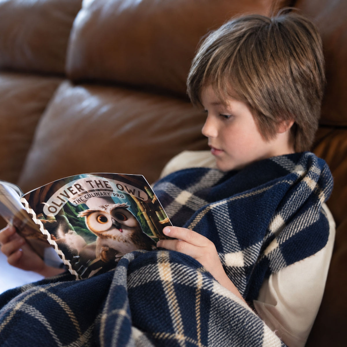 Child reading Oliver the Owl: The Culinary Pro while wrapped in a navy and cream plaid blanket on a brown leather sofa.