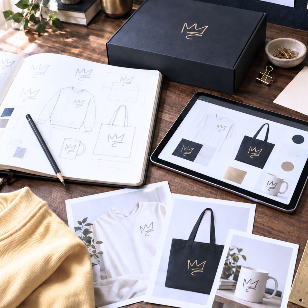 Zestful Productions design workspace with crown-branded product sketches, tablet mockups, navy packaging, fabric swatches and creative tools on a wooden desk.